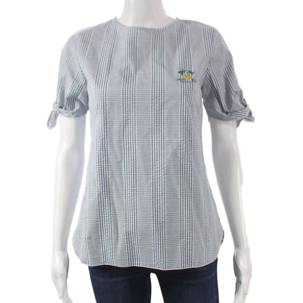 Maison Labiche Women Blue Check Cotton Short Sleeve Blouse Size XS